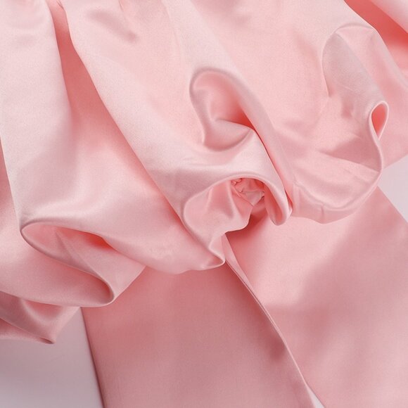 Romantic Pink Satin Bubble Hem Mini Dress - Strapless Bow Back Party Gown - Picture 7 of 9